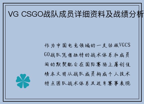 VG CSGO战队成员详细资料及战绩分析