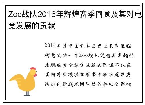 Zoo战队2016年辉煌赛季回顾及其对电竞发展的贡献
